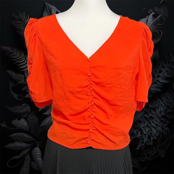 Lush Orange Button Front Ruched Blouse - Size Medium - Picture 1 of 12